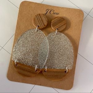 New J. Crew Lucite Statement Earrings Silver Glitter Woodgrain Oval